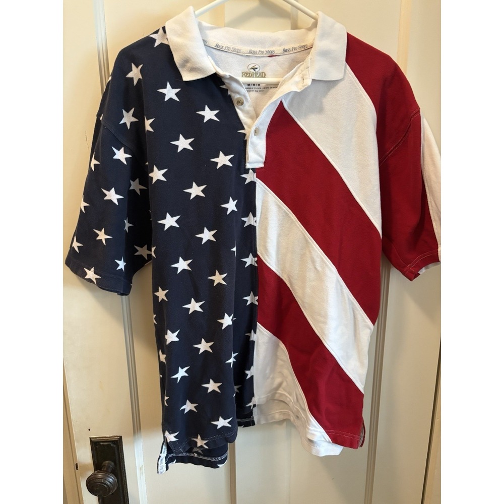 Vintage RedHead American Flag Stars & Stripes Polo Shirt Med USA Bass Pro Shop